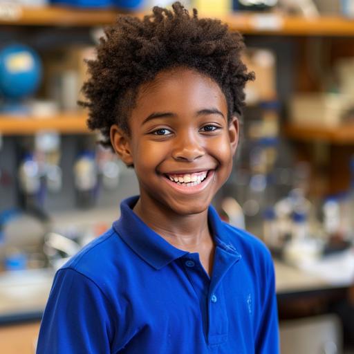 12 year old african american boy in science lab class wearing royal blue polo shirt