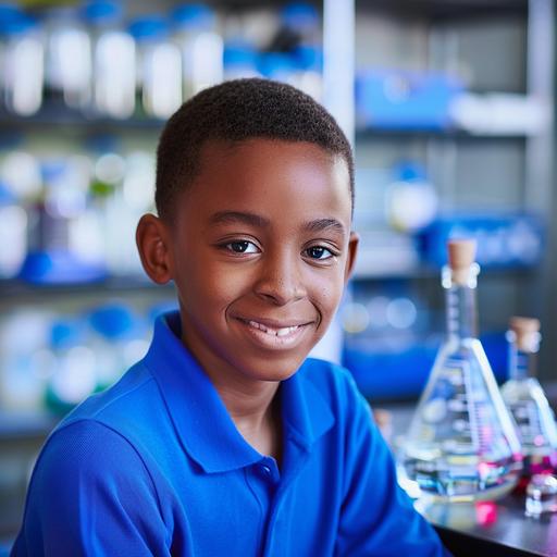 12 year old african american boy in science lab class wearing royal blue polo shirt