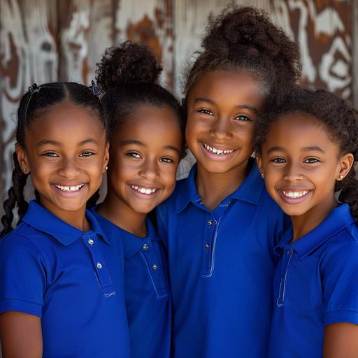 4 african american 12 year old girls group of friends wearing royal blue polo shirts
