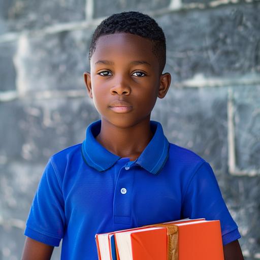 african- american 12 year old boy wearing royal blue polo shirt holding school books