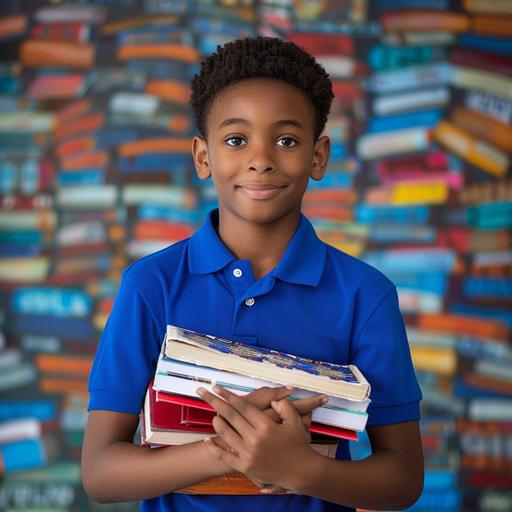 african- american 12 year old boy wearing royal blue polo shirt holding school books