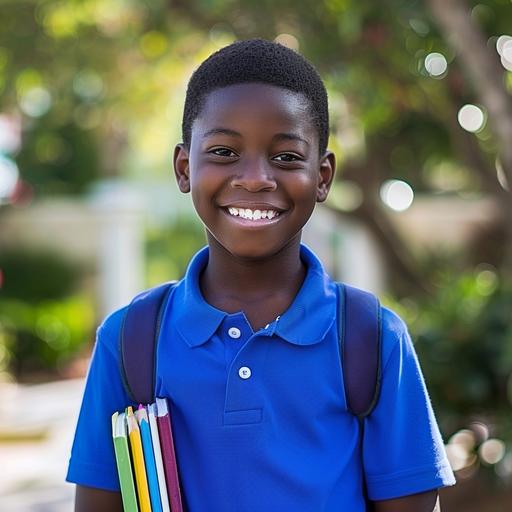 african american 12 year old boy smiling wearing royal blue polo shirt holding school books