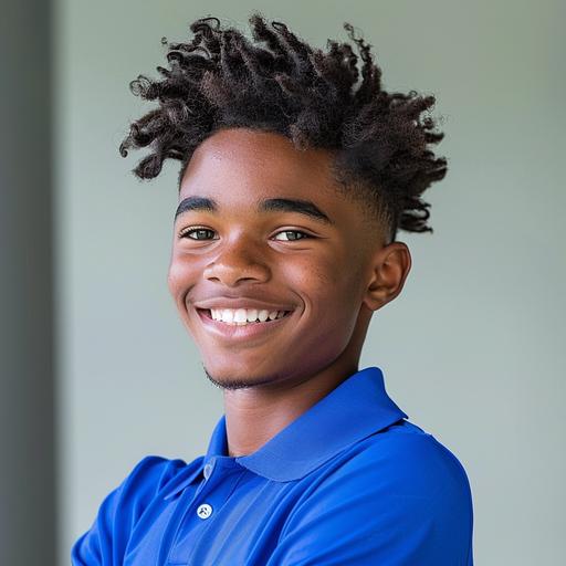 african-american 16 year old boy with twisted hair smiling wearing royal blue polo shirt leaning to side