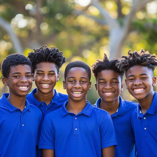 group of 6 african-american 16 year old boys best friends smiling wearing royal blue polo shirts