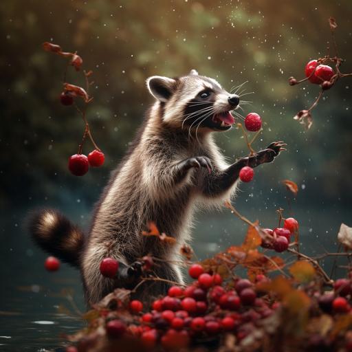 raccoon eating a red berries, we see his full body, the raccoon floats in the air, we see his tail, hyper-realistic photography style , the raccoon falls through the air