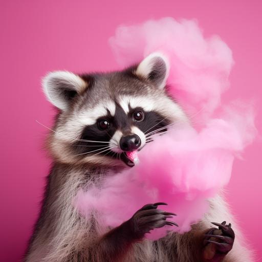 raccoon eating pink cotton candy commercial photography insane details --v 5
