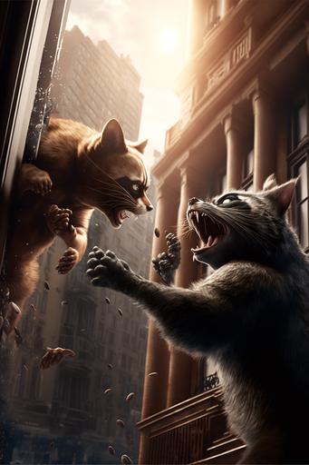 raccoon fighting a cat on a New York City balcony ultra realistic moody environment with buildings in the background. Raccoon has large teeth and cat has large claws and both are attacking eachother with people looking on, 8k, unreal engine --v 4 --ar 2:3