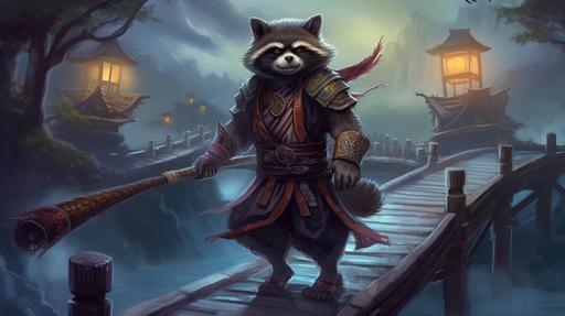 raccoon ninja, deadly raccoon assassin holding a katana at dusk, raccoon wearing black ninja robes crossing a bridge over a raging river at dusk lit by lanterns and the moon. --ar 16:9 --q 2 --v 5