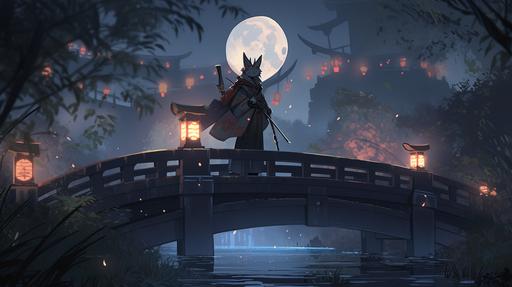 raccoon ninja, deadly raccoon assassin holding a katana at dusk, raccoon wearing black ninja robes crossing a bridge over a raging river at dusk lit by lanterns and the moon. --ar 16:9 --niji 5 --q 2 --v 5