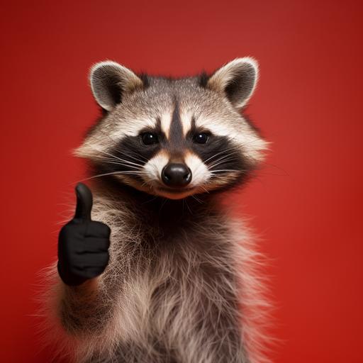 raccoon paw shows thumbs up, on red background --v 5.2