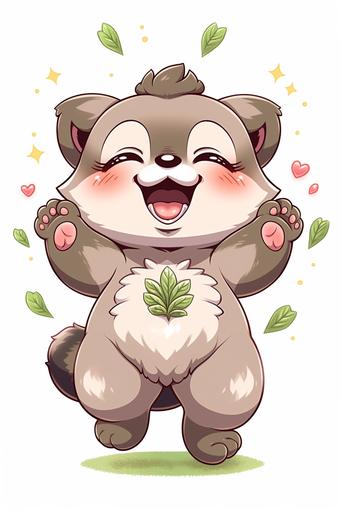 raccoon tail, budtender kawaii raccoon teddy bear, blushing , smiling and looking up, full body view, cannabis caduceus, kawaii, sticker design, Sanrio, chibi, dancing, cute, low detail, FLAT, white background --niji 5 --ar 2:3