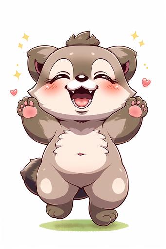 raccoon tail, budtender kawaii raccoon teddy bear, blushing , smiling and looking up, full body view, cannabis caduceus, kawaii, sticker design, Sanrio, chibi, dancing, cute, low detail, FLAT, white background --niji 5 --ar 2:3