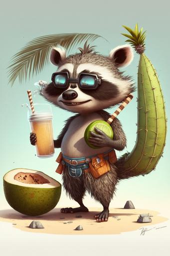 racoon drinking from a coconut with a straw on an island in a summer outfit. Pixar style --ar 2:3