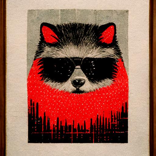 racoon, halftone print, red and black, shades of red