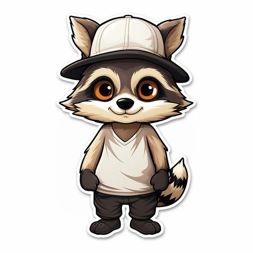 racoon. wearing a plain white tee shirt and blank black hat. sticker style. cartoonish. full body
