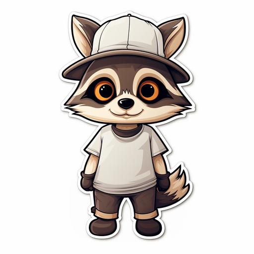 racoon. wearing a plain white tee shirt and blank black hat. sticker style. cartoonish. full body