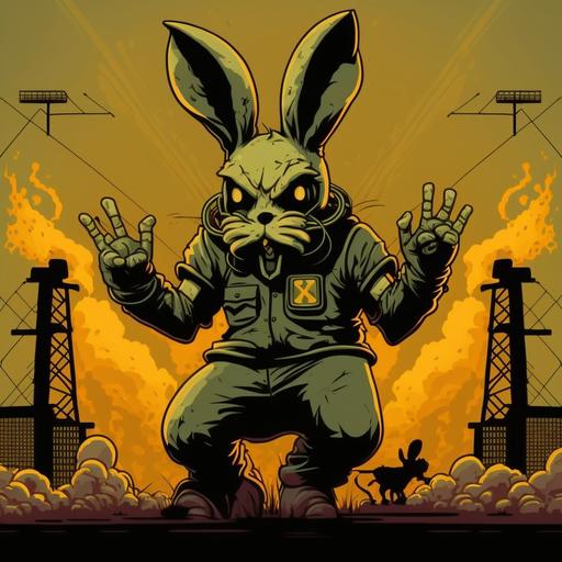 radioactive background, rabbit, bad guy, big teeth, cartoon style,