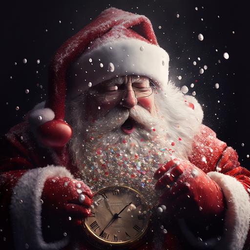 radish red , santa in a velvet suit , old fashioned white beard , laughing , watching the clock , christmas eve , time to fly soon , whimsical , ice and snow ,covered in crystals , bright , sparkley , luminous , up lighting , inner glow , , 8K, Ultra Realistic, high octane, ultra resolution, amazing detail, perfection, In frame, photorealistic, cinematic lighting, visual clarity, UHD, 32k, 3D shading, Tone Mapping, Ray Tracing , Crystalline, Lumen Reflections, Super-Resolution, --v 4 --v 4