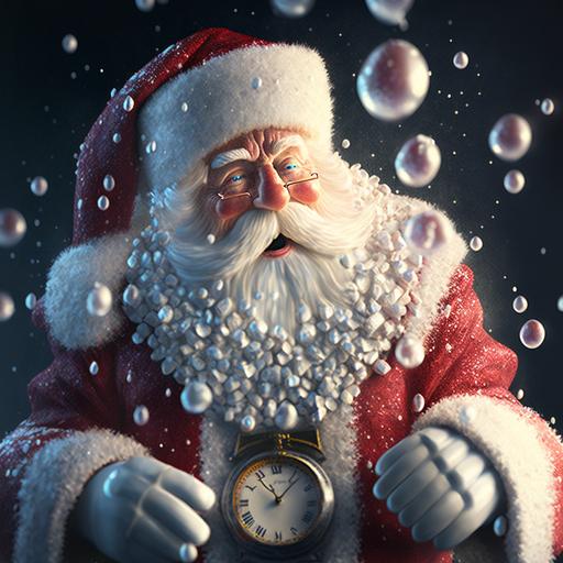 radish red , santa in a velvet suit , old fashioned white beard , laughing , watching the clock , christmas eve , time to fly soon , whimsical , ice and snow ,covered in crystals , bright , sparkley , luminous , up lighting , inner glow , , 8K, Ultra Realistic, high octane, ultra resolution, amazing detail, perfection, In frame, photorealistic, cinematic lighting, visual clarity, UHD, 32k, 3D shading, Tone Mapping, Ray Tracing , Crystalline, Lumen Reflections, Super-Resolution, --v 4 --v 4