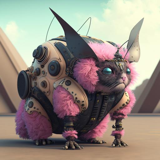 ragdoll cat in a pink scarab suit, insect, machine, futurustic design, scifi --v 4