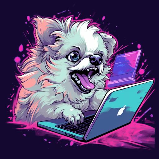 raging and confused dog playing video game on laptop anime style