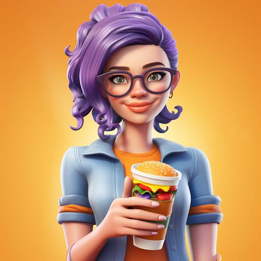 personalizable cool young female avatar on your phone, orange shirt, violet hair, big glasses, helping you to place orders within the Burger King App