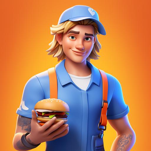 /personalizable cool young male avatar on your phone, bleu shirt, orange background, blond long hair, tattoo, cap, helping you to place orders within the Burger King App,