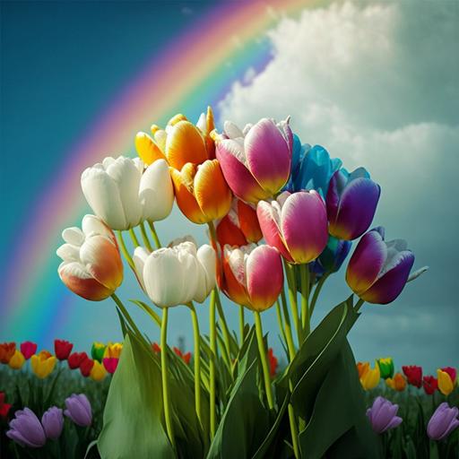 rainbow in a blue sky, lovehearts raining from the rainbow, bunch of white and light pink tulips on a meadow