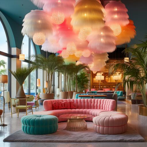 rainbow pastel cotton candy pendant lights hanging above a modern miami lounge grouping, with coral metal palm tree sculptures surrounding the lounge grouping, lounge grouping sitting on a raised platform with turqoise neon lighting under the platform.