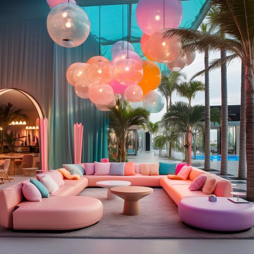 rainbow pastel cotton candy pendant lights hanging above a modern miami lounge grouping, with coral metal palm tree sculptures surrounding the lounge grouping, lounge grouping sitting on a raised platform with turqoise neon lighting under the platform.