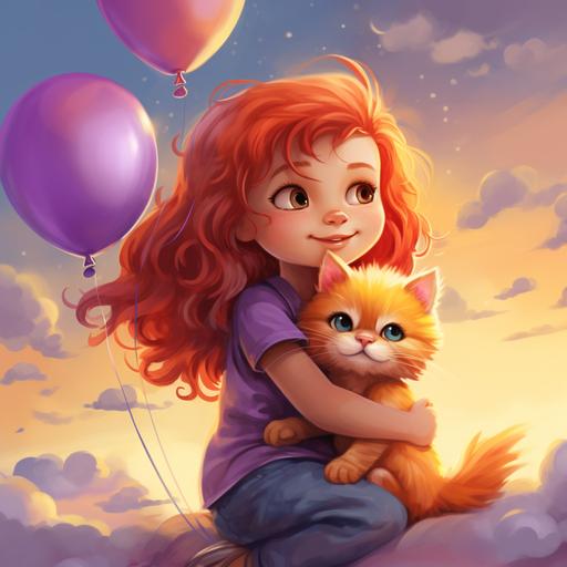 rainbow sky with balloons, an adorable small girl, red hair, purple dress, kissing a cute orange cat, cartoon style, colorful picture