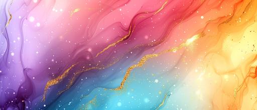 rainbow synthwave alcohol ink illustration, subtle waves of neon and gold glitter seams, translucent stars, blurred soft clouds, nebula, diagonal gradient background of bright holographic colors, abstract, minimalist, galaxy::1.1 --ar 82:35 --v 6.0