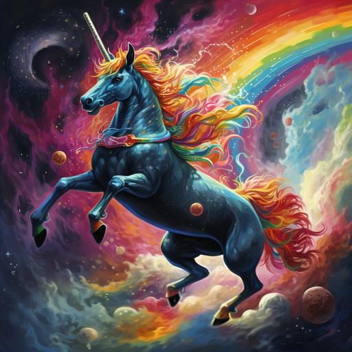 rainbow unicorn with tuxedo cat flying in space