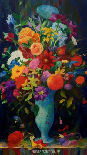 rainbow vase, filled with flowers, red roses, orange tiger lilies, yellow chrysanthemum, green carnations, blue delphinium, purple pansies, white daisies and black hollyhock, heavy oil paint on canvas, modern graffiti art, block printing, impressionist paintings, gorgeous --ar 9:16 --v 5.1