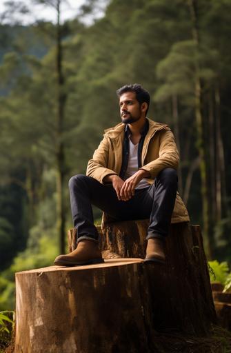 rajinder singhal sits on wooden stumps in the forest, in the style of high quality photo, candid moments, smooth and shiny, webcam, engineering/construction and design, relatable personality, quito school --ar 21:32