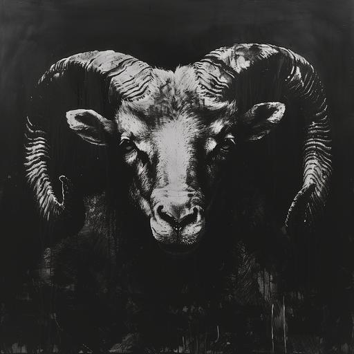 ram with horns, drawing, black and white, dark and evil --v 6.0