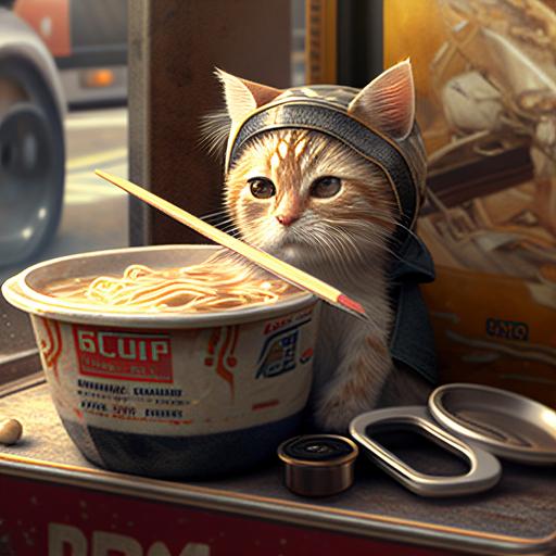 ramen eating cat in front of a ramen cart with chopsticks and the karate kid headband highly detailed 4k photorealistic