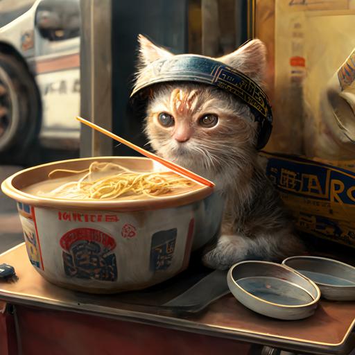 ramen eating cat in front of a ramen cart with chopsticks and the karate kid headband highly detailed 4k photorealistic