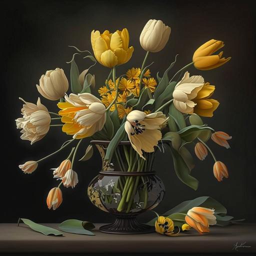 ramo de flores amarillas, realista, con tulipanes