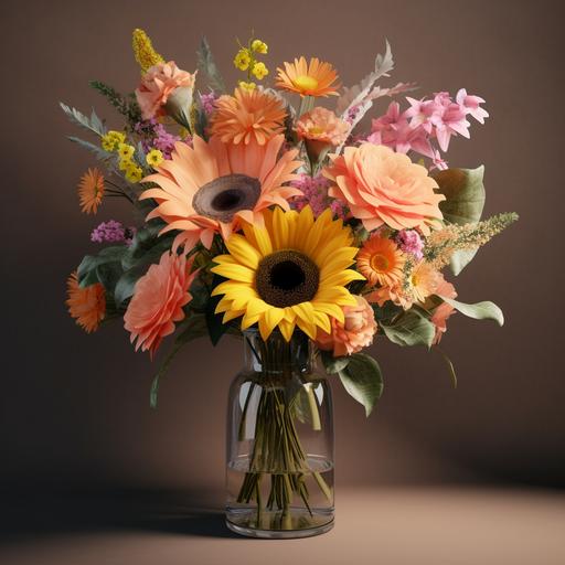 ramo de flores en un jarrón con una flor de cada raza, girasol, tulipán, lirio, flor del olvido, rosa de pascua, gerbera. 4K, hd, realista, contraste de luz