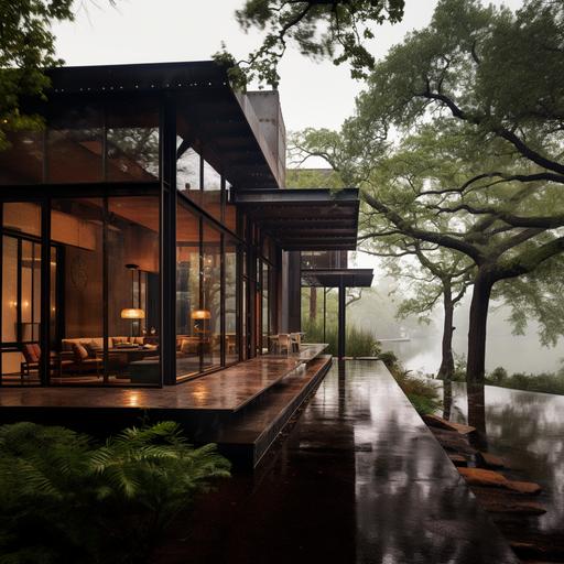Olson Kundig architect, lake flato architects, luxury modern home made fromrusted metal , steel, and tension cables, built out in the woods, architecture environemnt, moody environment, rainy atmosphere