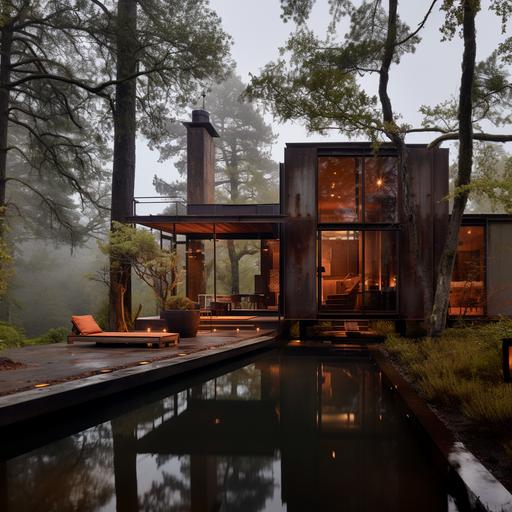 Olson Kundig architect, lake flato architects, luxury modern home made fromrusted metal , steel, and tension cables, built out in the woods, architecture environemnt, moody environment, rainy atmosphere