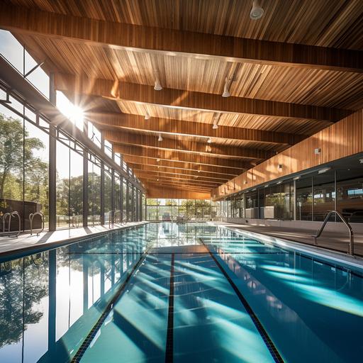 a natural daylight lit up swimming school aquatics center with swim lanes, with wood timber structure and wood clt ceiling, moody architectural environment, beautiful reflections