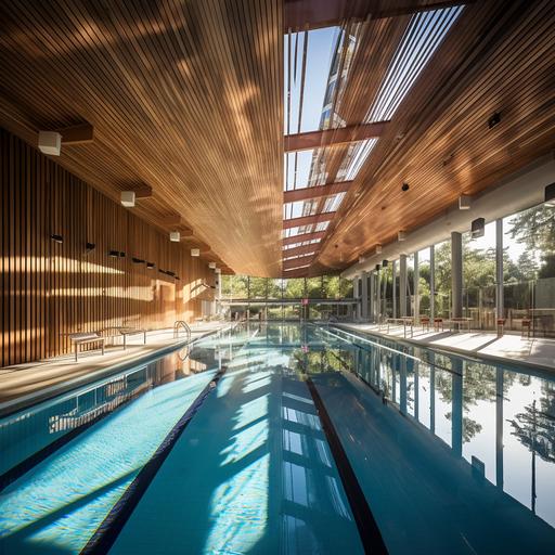 a natural daylight lit up swimming school aquatics center with swim lanes, with wood timber structure and wood clt ceiling, moody architectural environment, beautiful reflections