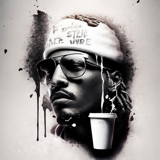 rapper future pouring lean in styrofoam cup with a spill trail that reads my cup never empty