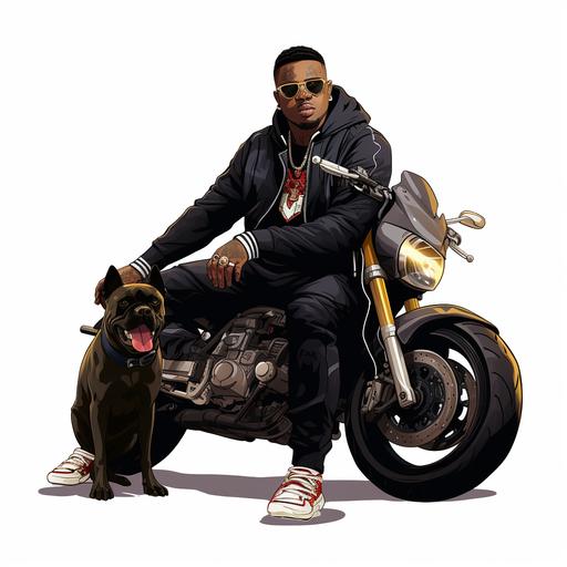 rapper with bulldog andsport bike in anime art style with solid white background and without shadow