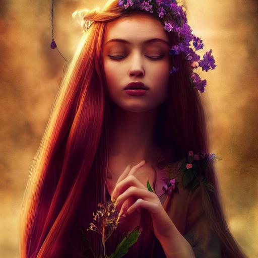 rapunzel, beautiful woman in tower with long hair beautiful scarves around neck, many flowers in hair, cinematic dramatic lighting --test --creative