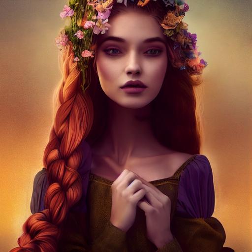 rapunzel, beautiful woman in tower with long hair beautiful scarves around neck, many flowers in hair, cinematic dramatic lighting --test --creative