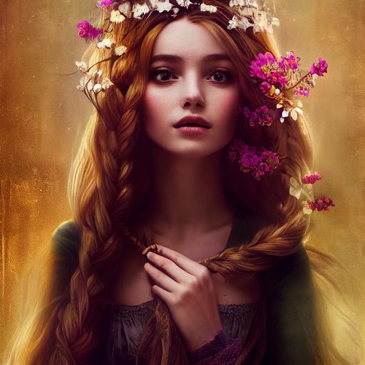 rapunzel, beautiful woman in tower with long hair beautiful scarves around neck, many flowers in hair, dramatic cinematic lighting --test --creative