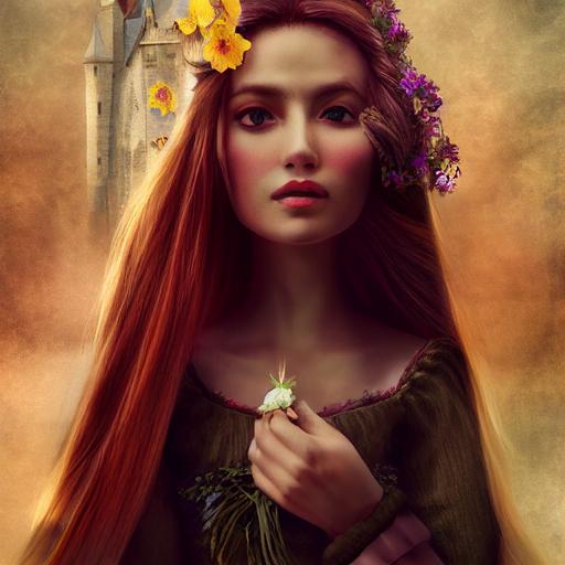 rapunzel, beautiful woman in tower with long hair beautiful scarves around neck, many flowers in hair --test --creative